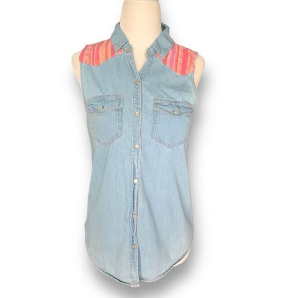 Mudd Shirt Western Style Chambray Denim Pearl Snap Sleeveless Southwestern - Picture 1 of 8